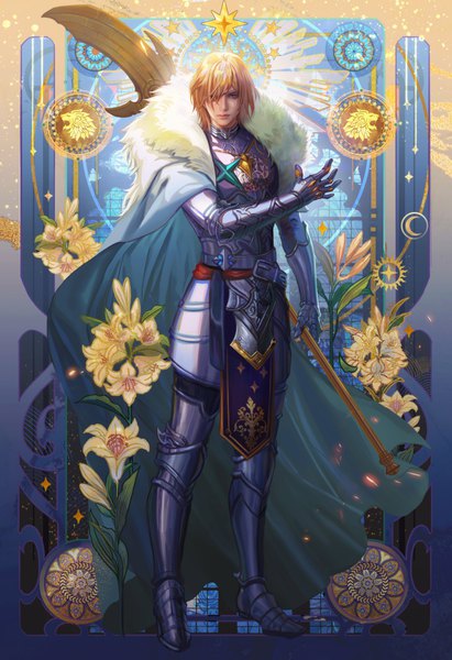 Anime picture 2803x4096 with fire emblem fire emblem: three houses nintendo dimitri alexandre blaiddyd jiuge single tall image looking at viewer fringe highres short hair blue eyes blonde hair standing holding full body arm up wind realistic fur trim