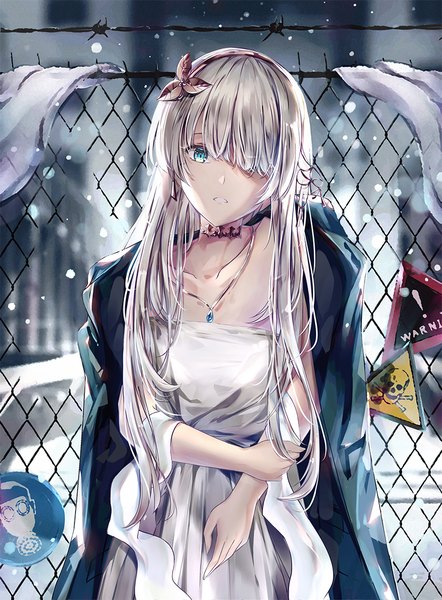 Anime picture 850x1154 with fate (series) fate/grand order anastasia (fate) eien no juu nana-sa single long hair tall image looking at viewer fringe blue eyes standing silver hair outdoors parted lips head tilt blurry hair over one eye night open clothes depth of field