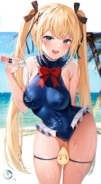 Anime picture 2200x4000 with azur lane dead or alive dead or alive 5 manjuu (azur lane) marie rose marie rose (devilish servant against the splashing waves) reel (riru) single long hair tall image looking at viewer blush fringe highres breasts open mouth blue eyes light erotic blonde hair smile
