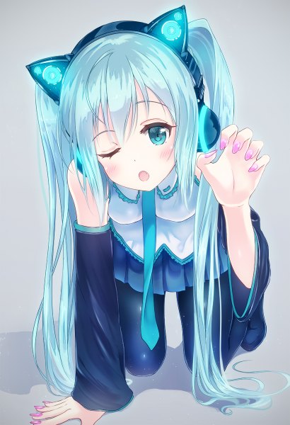 Anime picture 820x1200 with vocaloid axent wear headphones hatsune miku alc (ex2 lv) single long hair tall image blush open mouth animal ears one eye closed aqua eyes wink cat ears aqua hair girl skirt detached sleeves miniskirt necktie