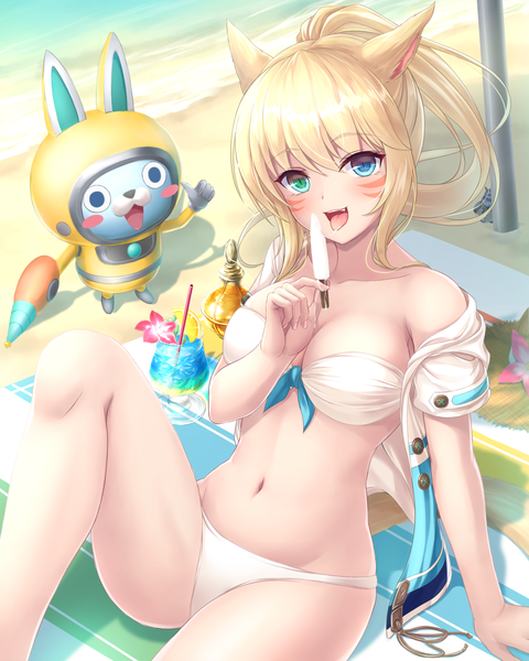Anime picture 1600x2000 with final fantasy final fantasy xiv square enix miqo'te tiphereth long hair tall image looking at viewer blush breasts open mouth light erotic blonde hair animal ears ponytail heterochromia girl navel swimsuit bikini