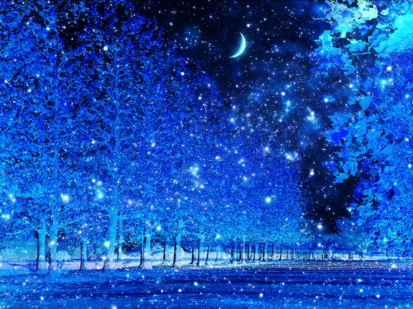 Anime picture 1000x750 with original zonomaru sky night snowing snow no people crescent plant (plants) tree (trees) moon