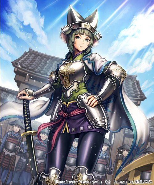 Anime picture 1000x1200 with original anbe yoshirou single tall image looking at viewer short hair blue eyes sky cloud (clouds) green hair hand on hip girl weapon sword katana helmet armored dress
