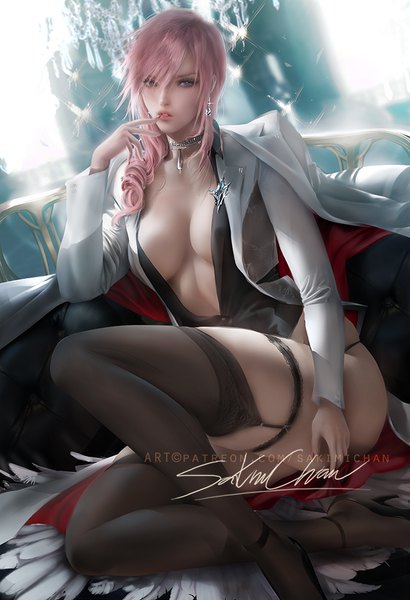 Anime picture 684x1000 with final fantasy final fantasy xiii square enix lightning farron sakimichan single long hair tall image looking at viewer fringe breasts light erotic hair between eyes sitting signed pink hair realistic open clothes grey eyes high heels