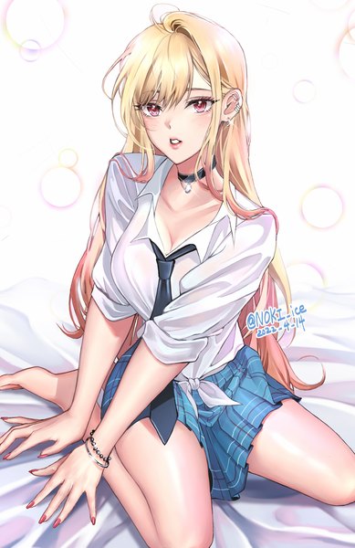 Anime picture 1549x2388 with sono bisque doll wa koi wo suru cloverworks kitagawa marin noki ice single long hair tall image light erotic blonde hair sitting signed nail polish parted lips pleated skirt pink eyes bare legs twitter username piercing dated ear piercing