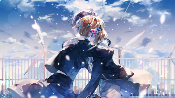 Anime picture 1687x949 with persona 3 persona aegis arisato minato syokumura short hair black hair blonde hair wide image sky cloud (clouds) eyes closed wind hug girl boy headphones wind turbine