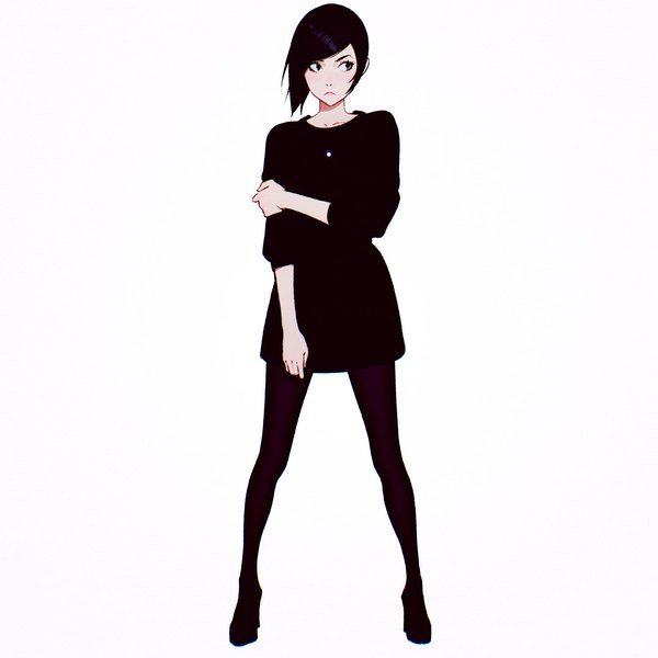 Anime picture 1080x1080 with original ilya kuvshinov single fringe short hair black hair simple background standing white background looking away full body black eyes holding arm girl dress pantyhose black pantyhose black dress pendant