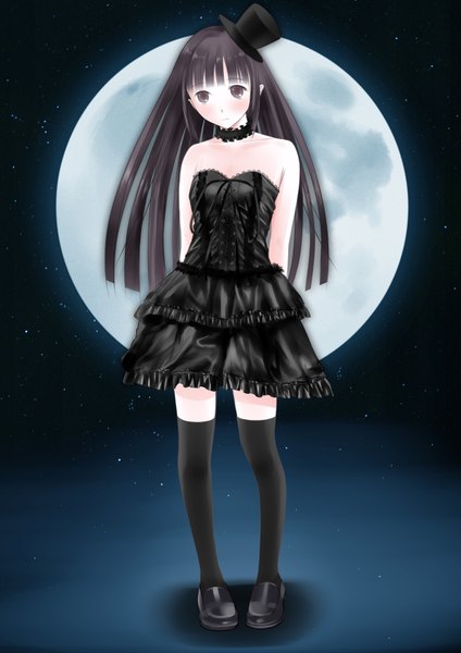 Anime picture 1240x1754 with original chikuwa (odennabe) single long hair tall image blush black hair black eyes girl thighhighs dress black thighhighs hat moon