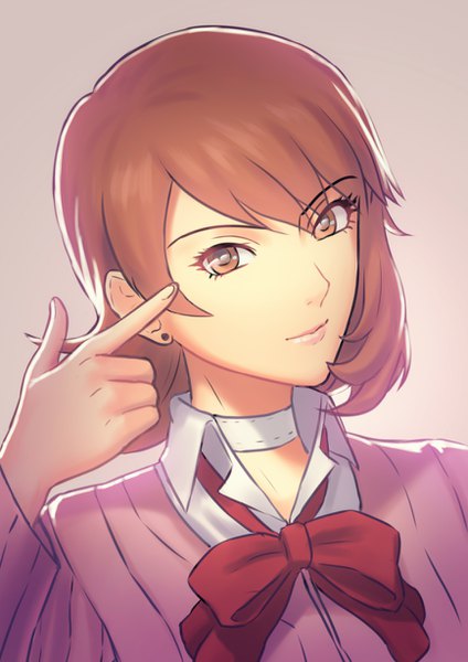 Anime picture 868x1228 with persona 3 persona takeba yukari fateline alpha single tall image looking at viewer fringe short hair simple background brown hair brown eyes upper body bang girl ribbon (ribbons) earrings choker stud earrings