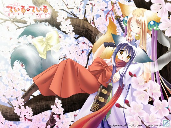 Anime picture 1280x960 with tail tale koma (tail tale) soro (tail tale) louis (artist) long hair blonde hair multiple girls brown eyes animal ears blue hair tail eyes closed traditional clothes japanese clothes animal tail copyright name girl flower (flowers) ribbon (ribbons) weapon