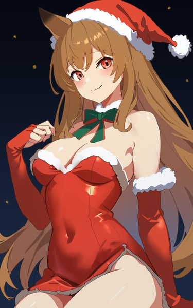 Anime picture 2000x3200 with arknights ceobe (arknights) binware single long hair tall image looking at viewer blush fringe highres light erotic hair between eyes red eyes brown hair sitting bare shoulders animal ears covered navel christmas dog ears