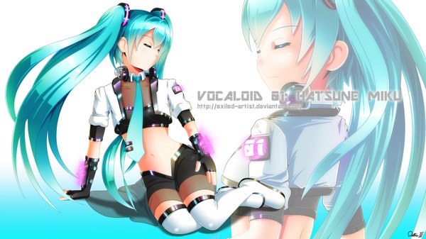 Anime picture 1920x1080 with vocaloid hatsune miku exiled (artist) single long hair highres wide image twintails eyes closed aqua hair inscription bare belly midriff copyright name character names zoom layer open shorts girl gloves navel