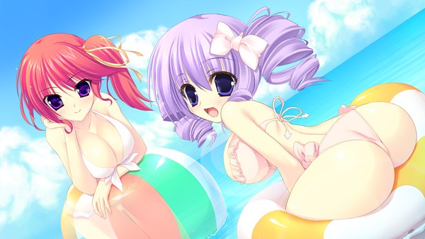 Anime picture 1280x720 with strawberry feels long hair blush breasts blue eyes light erotic wide image large breasts purple eyes multiple girls game cg purple hair red hair drill hair girl bow 2 girls swimsuit hair bow bikini