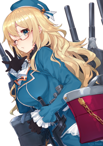 Anime picture 632x900 with kantai collection atago heavy cruiser mika pikazo single long hair tall image looking at viewer blush breasts blue eyes simple background blonde hair hair between eyes large breasts white background signed upper body one eye closed wink girl