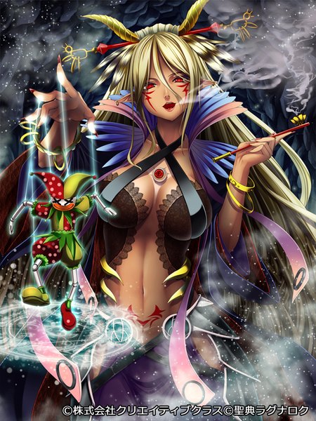 Anime picture 600x800 with seiten ragnarok pochadon single long hair tall image looking at viewer breasts open mouth light erotic blonde hair red eyes horn (horns) magic facial mark girl navel hair ornament bracelet magic circle