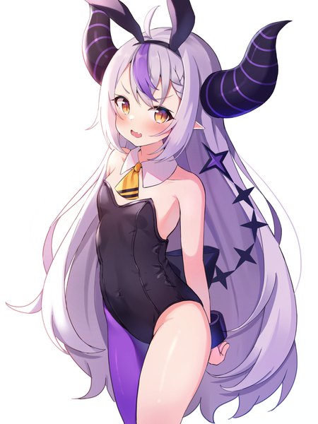 Anime picture 2850x3800 with virtual youtuber hololive la+ darknesss hanen (borry) single tall image looking at viewer blush highres light erotic simple background white background animal ears yellow eyes silver hair ahoge tail very long hair multicolored hair horn (horns)