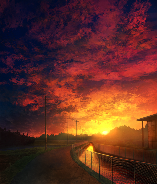 Anime picture 912x1064 with original mks tall image sky cloud (clouds) sunlight evening sunset no people river plant (plants) tree (trees) grass fence power lines road chain-link fence