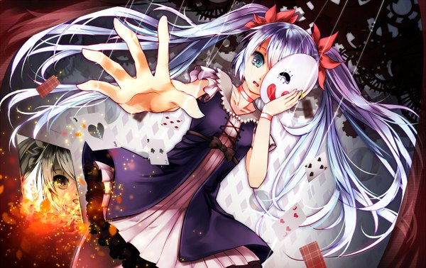 Anime picture 1480x934 with vocaloid karakuri pierrot (vocaloid) hatsune miku aaru single long hair looking at viewer open mouth blue eyes twintails aqua hair girl dress bow hair bow mask card (cards) gears