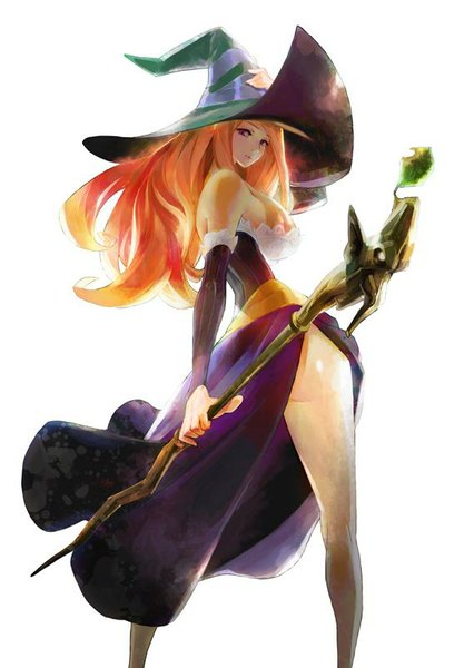 Anime picture 569x800 with dragon's crown vanillaware sorceress (dragon's crown) bengus single long hair tall image looking at viewer fringe breasts light erotic simple background red eyes large breasts standing white background bare shoulders ass parted lips looking back