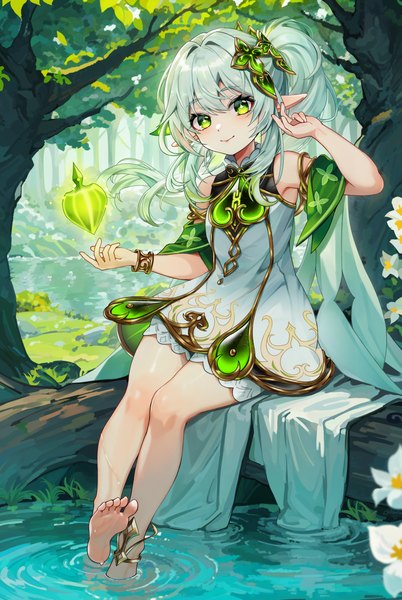 Anime picture 1956x2919 with genshin impact nahida (genshin impact) chen ying (alan-yut) single long hair tall image looking at viewer fringe highres smile hair between eyes sitting green eyes silver hair outdoors barefoot pointy ears bare legs side ponytail soaking feet