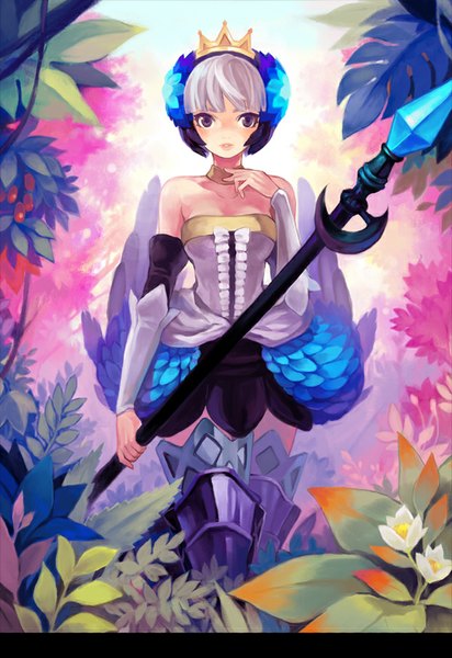Anime picture 600x872 with odin sphere vanillaware gwendolyn cocorip (riprip) single tall image looking at viewer fringe short hair purple eyes bare shoulders silver hair girl hair ornament flower (flowers) weapon plant (plants) detached sleeves wings choker