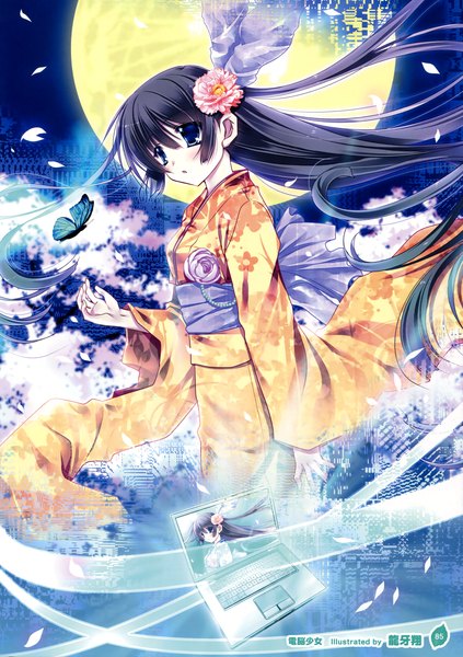 Anime picture 2536x3600 with girls, girls, girls! 10 (artbook) ryuuga shou single long hair tall image blush highres blue eyes black hair looking away traditional clothes japanese clothes hair flower scan official art girl hair ornament flower (flowers) petals kimono
