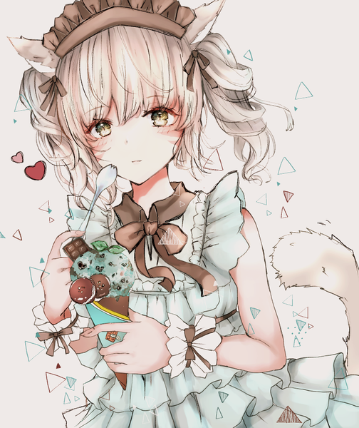 Anime picture 800x951 with final fantasy final fantasy xiv square enix miqo'te sakura mochiko single tall image looking at viewer blush fringe short hair simple background hair between eyes white background twintails holding animal ears yellow eyes silver hair upper body