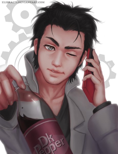 Anime picture 1000x1304 with steins;gate white fox dr pepper okabe rintarou eliskalti single tall image looking at viewer short hair black hair one eye closed lips wink silver eyes boy mobile phone drink