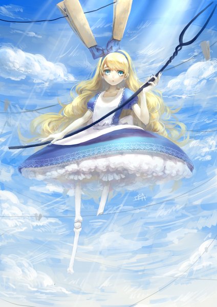 Anime picture 1000x1414 with alice in wonderland alice (wonderland) cea long hair tall image fringe blue eyes blonde hair signed sky cloud (clouds) puffy sleeves bone (bones) girl dress bow hair bow earrings apron