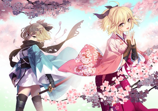 Anime picture 1200x849 with fate (series) fate/stay night artoria pendragon (all) saber okita souji (fate) (all) okita souji (koha-ace) bborong short hair open mouth blonde hair multiple girls yellow eyes traditional clothes japanese clothes cherry blossoms half updo shinsengumi girl flower (flowers) weapon