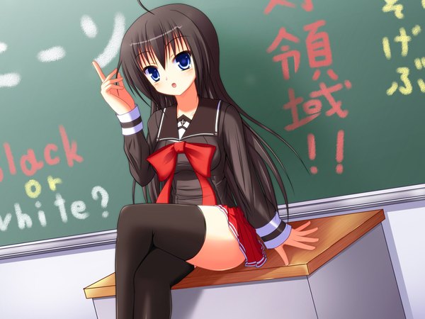 Anime picture 2000x1500 with nyarumi long hair highres blue eyes black hair girl thighhighs black thighhighs serafuku blackboard