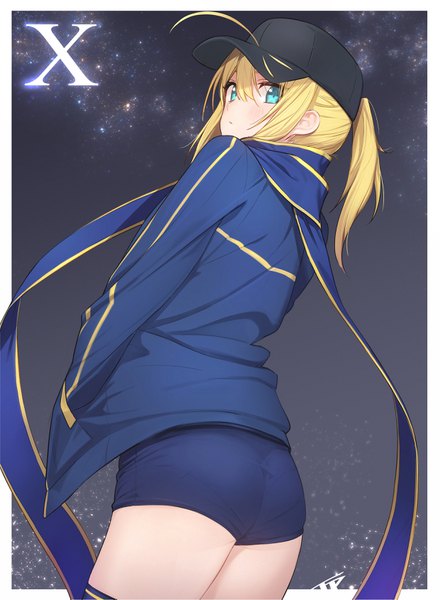 Anime picture 2481x3382 with fate (series) fate/grand order artoria pendragon (all) mysterious heroine x (fate) fpanda single long hair tall image looking at viewer blush fringe highres blonde hair hair between eyes standing payot ahoge ass ponytail looking back
