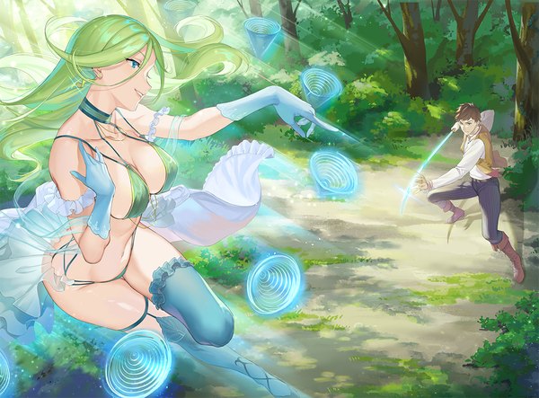 Anime picture 1200x885 with kaiko sareta ankoku heishi (30-dai) no slow na second life dariel zebiantes sage joh long hair short hair breasts open mouth blue eyes light erotic smile brown hair large breasts holding payot full body bent knee (knees) parted lips green hair wind