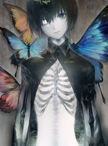 Anime-Bild 635x856 mit original kodama (wa-ka-me) single tall image short hair black hair head tilt aqua eyes open clothes open shirt heterochromia pale skin skeleton white eyes x-ray boy shirt insect butterfly black shirt