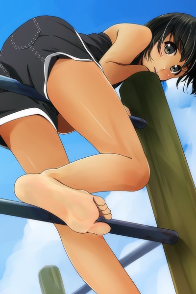 Anime picture 800x1200 with original matsunaga kouyou single tall image looking at viewer short hair light erotic black hair sky cloud (clouds) barefoot black eyes bare legs from below girl shorts short shorts toes