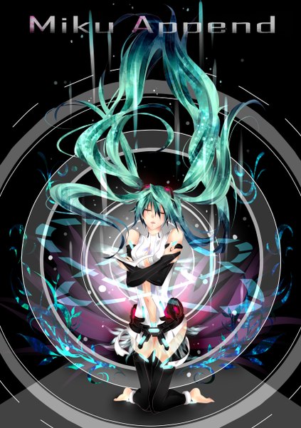 Anime picture 1748x2480 with vocaloid vocaloid append hatsune miku hatsune miku (append) tyouya single long hair tall image highres twintails bare shoulders eyes closed aqua hair inscription kneeling girl navel detached sleeves