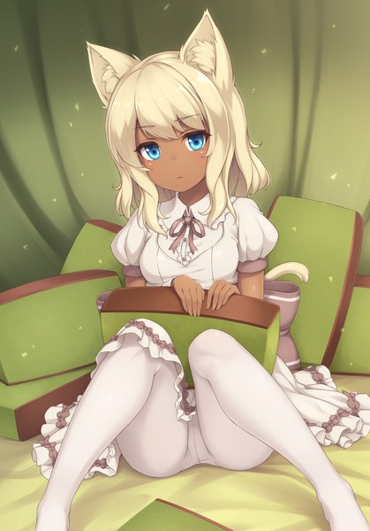 Anime picture 810x1160 with original sasaame single long hair tall image looking at viewer fringe blue eyes light erotic animal ears white hair tail animal tail cat ears cat girl cat tail dark skin girl dress pantyhose