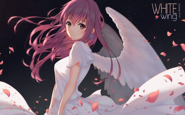 Anime picture 1598x992 with original kurenaiz single long hair looking at viewer blush fringe hair between eyes red eyes wide image purple hair upper body wind inscription dark background white wings girl dress earrings petals