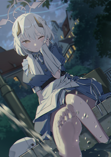Anime picture 2132x3010 with blue archive sena (blue archive) mochi (m0chi0000) single tall image fringe highres short hair breasts hair between eyes sitting yellow eyes looking away cloud (clouds) outdoors white hair one eye closed barefoot horn (horns) night