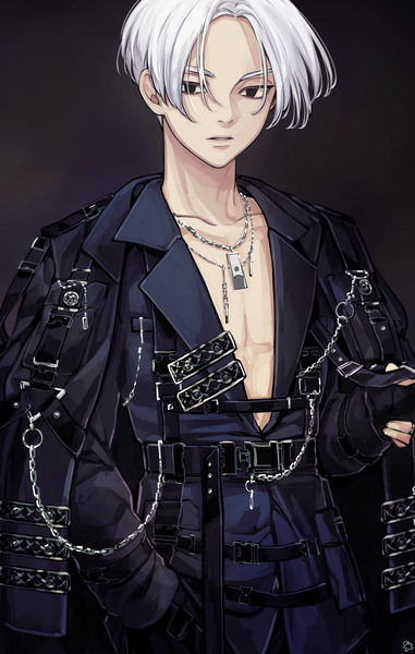 Anime picture 2600x4093 with tokyo revengers sano manjirou pizza oisii6 single tall image looking at viewer highres short hair simple background silver hair upper body black eyes black background clothes on shoulders boy pendant