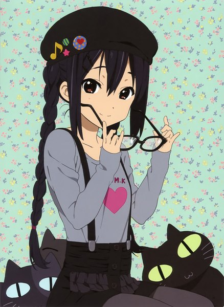 Anime picture 1700x2327 with k-on! kyoto animation nakano azusa tagme (artist) single long hair tall image looking at viewer fringe black hair smile hair between eyes twintails brown eyes braid (braids) long sleeves scan official art twin braids alternate hairstyle