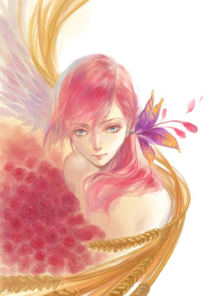 Anime picture 1500x2000 with final fantasy xiii lightning farron fenbei single long hair tall image fringe simple background white background green eyes pink hair hair flower girl hair ornament flower (flowers) petals rose (roses) feather (feathers) colossus