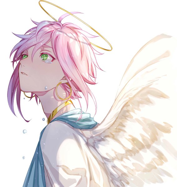 Anime picture 1325x1400 with ensemble stars! himemiya touri saamon (dream81come) single tall image short hair simple background white background green eyes pink hair upper body tears looking up angel wings boy earrings wings halo hoop earrings