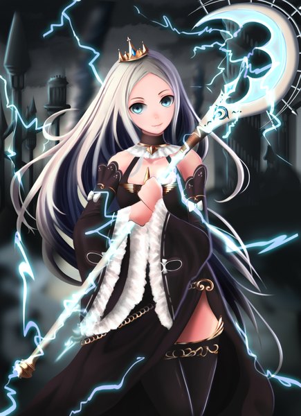 Anime picture 1453x2003 with original benezia single long hair tall image looking at viewer blue eyes silver hair lightning girl thighhighs dress weapon black thighhighs detached sleeves crown