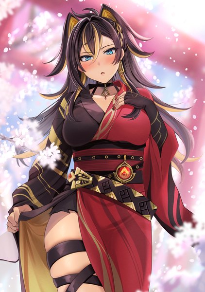 Anime picture 1500x2133 with genshin impact dehya (genshin impact) yuna (yukiyuna) single long hair tall image looking at viewer blush fringe breasts open mouth blue eyes black hair hair between eyes standing animal ears outdoors traditional clothes head tilt japanese clothes