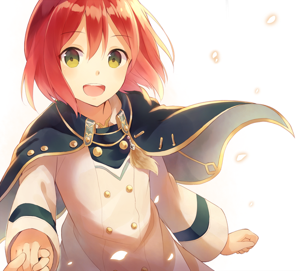 Anime picture 1000x901 with akagami no shirayukihime studio bones shirayuki (akagami no shirayukihime) nonono (nononotea) looking at viewer fringe short hair open mouth simple background smile hair between eyes green eyes red hair wind holding hands happy girl petals