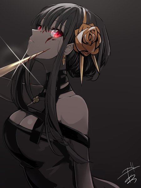 Anime-Bild 1500x2000 mit spy x family yor briar amagasa nadame single long hair tall image breasts black hair simple background red eyes large breasts cleavage upper body black background blood on face bloody weapon girl weapon earrings blood