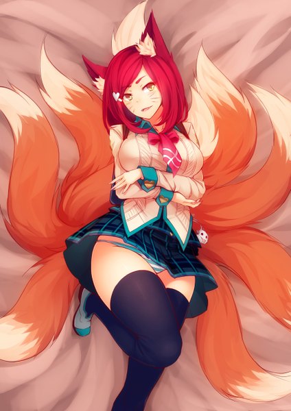 Anime picture 905x1280 with league of legends ahri (league of legends) academy ahri (league of legends) ricegnat single long hair tall image breasts open mouth light erotic smile large breasts animal ears yellow eyes red hair tail lying long sleeves animal tail teeth