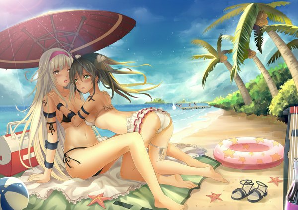 Anime picture 1100x777 with kantai collection shoukaku aircraft carrier zuikaku aircraft carrier yeluno meng long hair blush breasts open mouth light erotic sitting twintails bare shoulders multiple girls green eyes yellow eyes sky cleavage silver hair cloud (clouds) ass