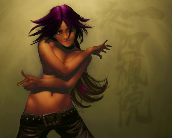 Anime picture 1280x1024 with bleach studio pierrot shihouin yoruichi long hair fringe light erotic simple background yellow eyes purple hair one eye closed wink hair over one eye topless covering covering breasts girl navel pants